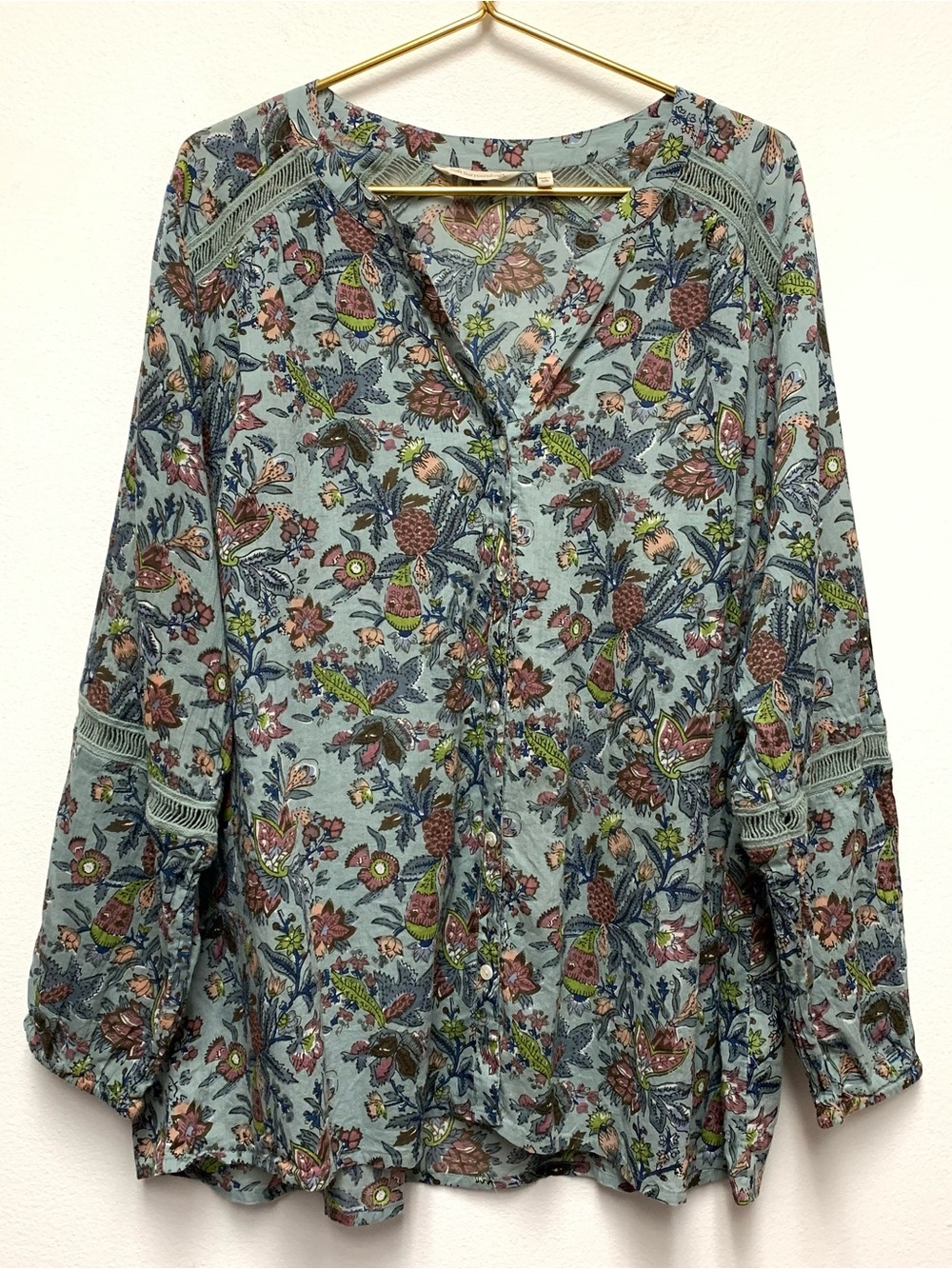 Soft Surroundings Button Front Peasant Blouse Size 3X Sage Green Floral Cotton